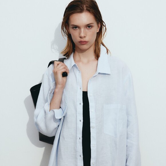 NWT H&M Light Grey/Blue Linen Blend Button-Up Oversized Shirt Small Minimalist - Picture 1 of 10